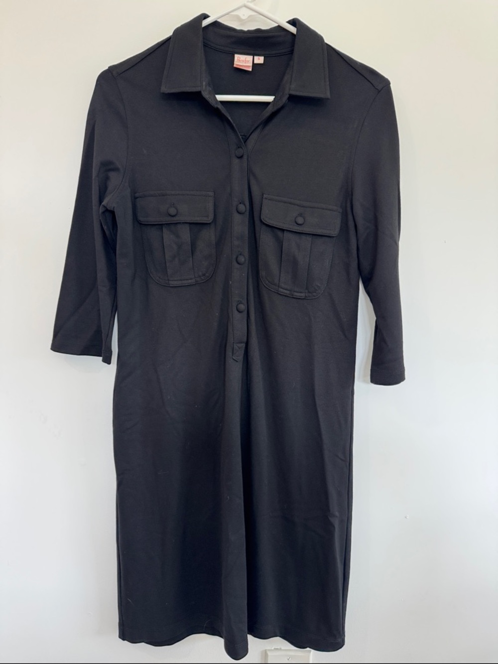 Black Button-Front Long Sleeve Shirt Dress with Chest Pockets